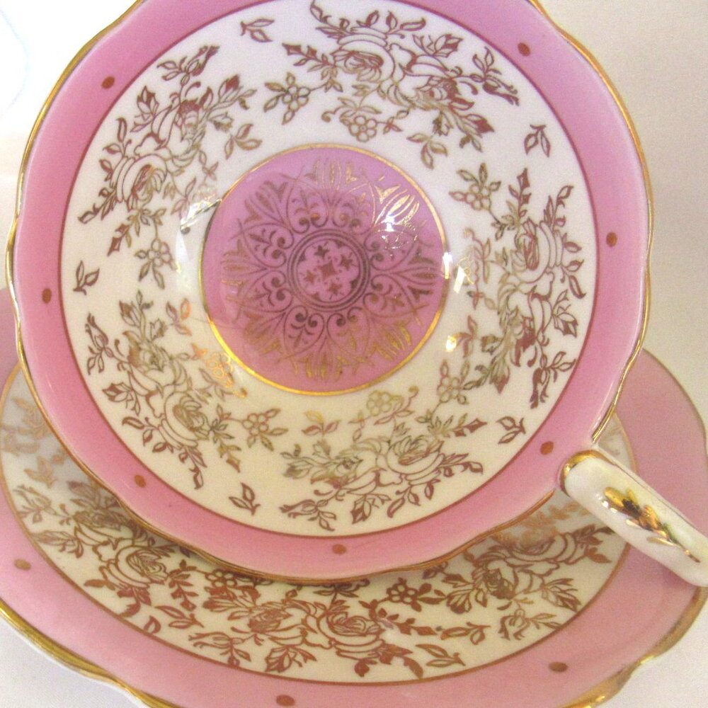 Royal Stafford Tea Cup and Saucer Pink with Heavy Gold Gilt, Fancy Handle  D225